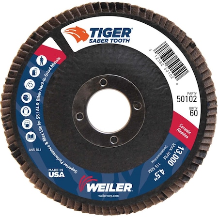 4-1/2 Tiger Ceramic Abrasive Flap Disc, Conical (TY29), 60C, 7/8